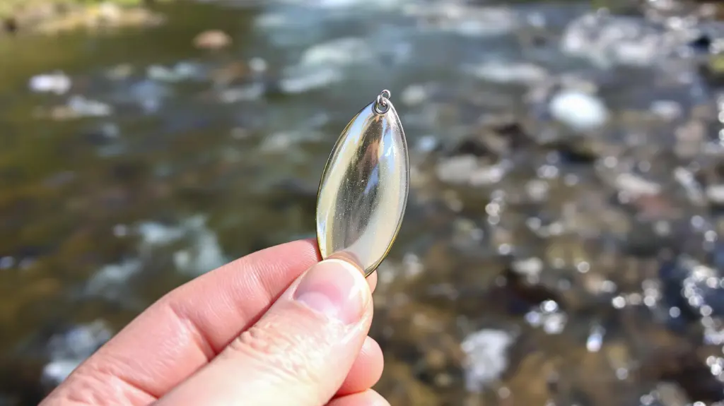 A classic trout spoon lure held by an angler over a river, symbolizing the timeless appeal of spoon fishing for trout.