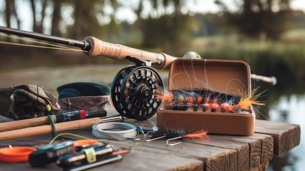 Fly fishing tackle for catfish, including rods, reels, flies, and accessories, laid out for preparation.