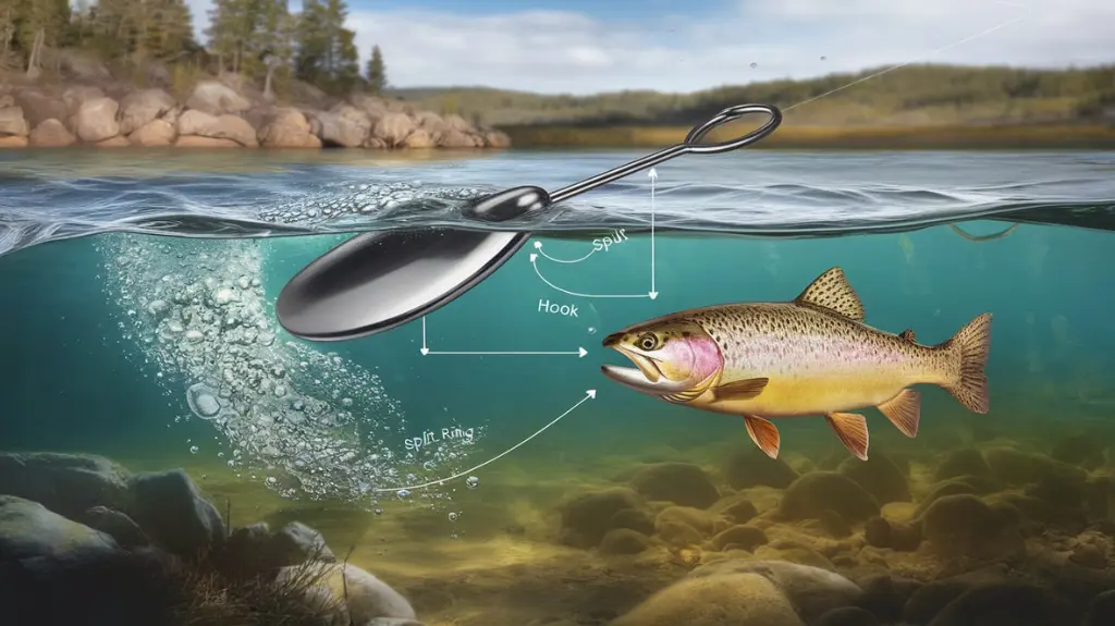 Infographic detailing trout spoon anatomy, including hook, split ring, and the lure’s action to attract trout.