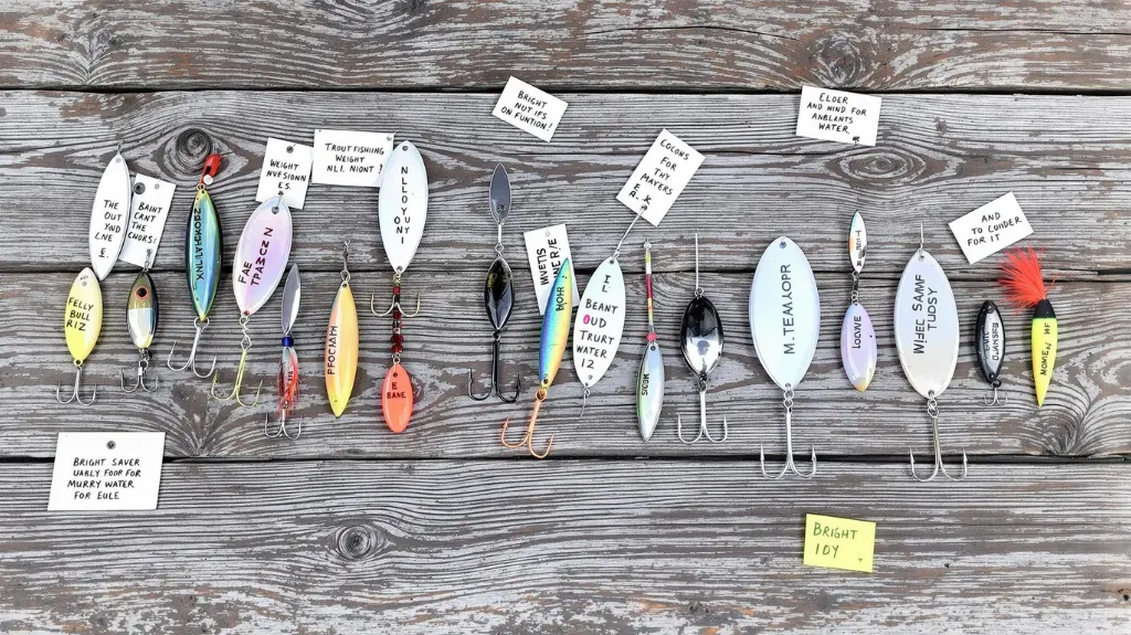 Selection of trout spoons with labels for factors like weight, color, and size, helping anglers choose the right spoon.