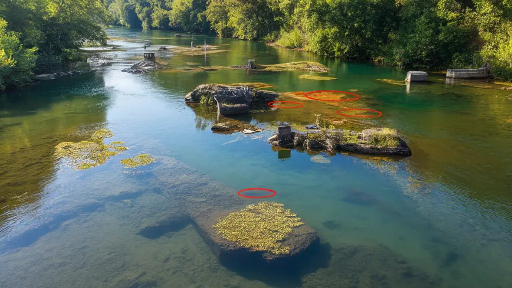 Aerial view of a river with highlighted catfish hotspots, ideal for finding catfish lairs.