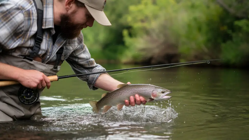 Angler releasing a trout back into the river, promoting responsible and ethical trout fishing practices.