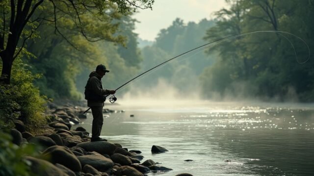 A serene river scene at dawn, showcasing a fisherman casting a line from a rocky bank, surrounded by lush greenery, mist rising from the water, and a leaping steelhead trout glistening in sunlight