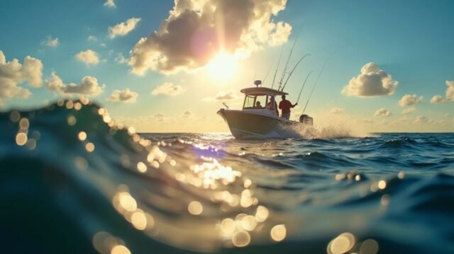 A serene fishing scene showcasing various downrigger weights submerged in clear blue water, surrounded by vibrant aquatic plants, with a fishing boat in the background under a bright sky, capturing the essence of 2024 fishing adventures