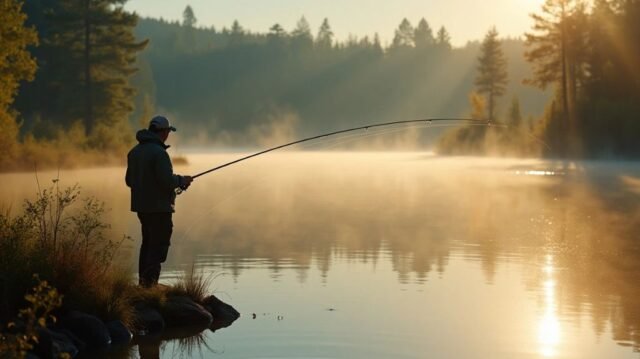 A serene lake at dawn, mist hovering above the water, a skilled angler casting a colorful pike fly with precision, surrounded by lush greenery, shimmering reflections, and a distant silhouette of a pike swimming beneath