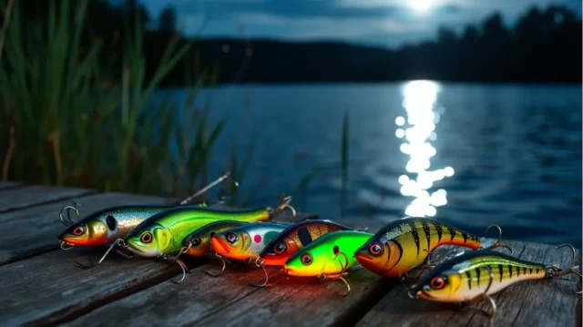 A serene nighttime lake scene, moonlight shimmering on water, showcasing an array of illuminated bass fishing lures, including vibrant soft plastics, sleek crankbaits, and glimmering topwaters, all artfully arranged on a rustic wooden dock