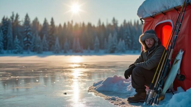 A serene frozen lake with a fisherman in warm gear, surrounded by snow-covered trees. Several high-quality walleye ice fishing rods are propped against a colorful ice shelter, glinting in the winter sunlight.