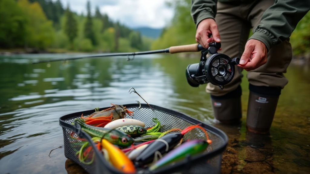 A serene river backdrop with a skilled angler adjusting their fishing rod and reel, showcasing vibrant lures and tackle, alongside a mesh tackle box filled with steelhead gear, surrounded by lush greenery and gentle water ripples