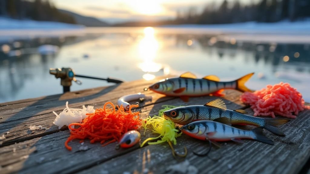 A serene icy lake, illuminated by soft winter light, showcasing various bait options on a wooden table: vibrant colored jigs, live minnows, and enticing wax worms, alongside a well-used ice fishing tip up, ready for action