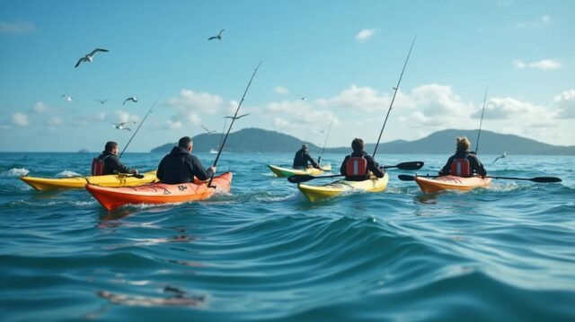 A serene ocean scene featuring five sleek, colorful kayaks with fishing gear, gliding over gentle waves under a bright blue sky, surrounded by distant islands and a few seagulls soaring above.