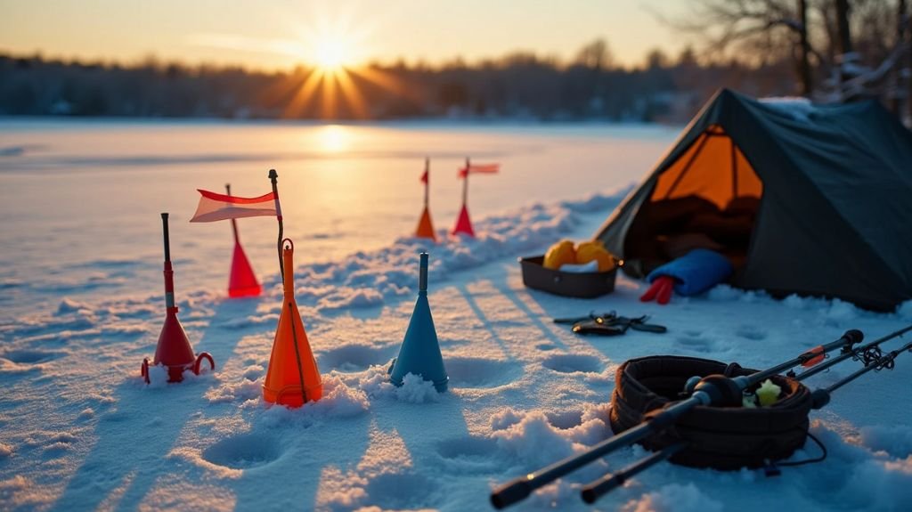 A serene frozen lake scene at dawn, featuring various colorful tip-ups with flags in different positions. Ice fishing gear scattered nearby, showing rods, bait, and a cozy insulated shelter in the background