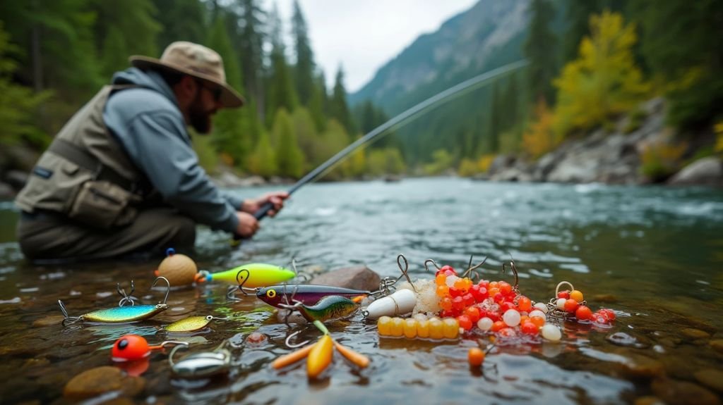 A serene river scene with a fisherman pondering over an array of bait options—colorful spinners, vibrant beads, and natural worms—surrounded by lush greenery and flowing water, evoking common misconceptions in steelhead fishing.