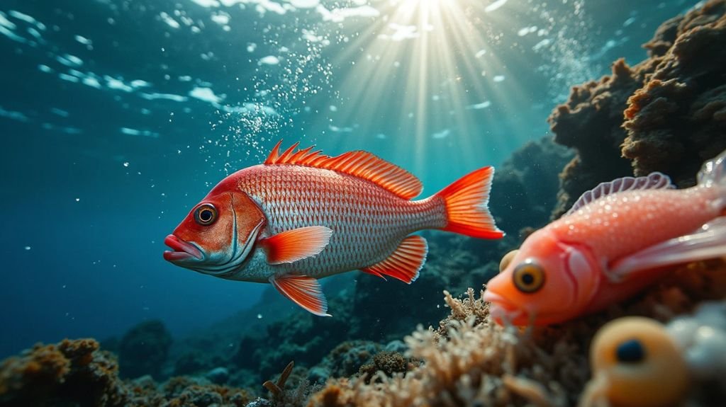 A vibrant underwater scene depicting various types of bait like squid, shrimp, and soft plastics, alongside a colorful red snapper. Sunlight filters through water, highlighting fishing gear with a deep sea backdrop