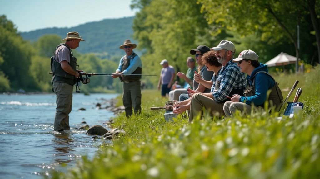 A vibrant riverside scene showcasing diverse anglers chatting and sharing tips, surrounded by lush greenery, with steelhead leaping nearby, and local community members setting up a picnic, all under a bright blue sky