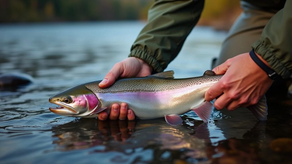 A serene river scene at twilight, featuring an angler gently releasing a shimmering steelhead back into the water, with a focus on the delicate handling of the fish and natural surroundings