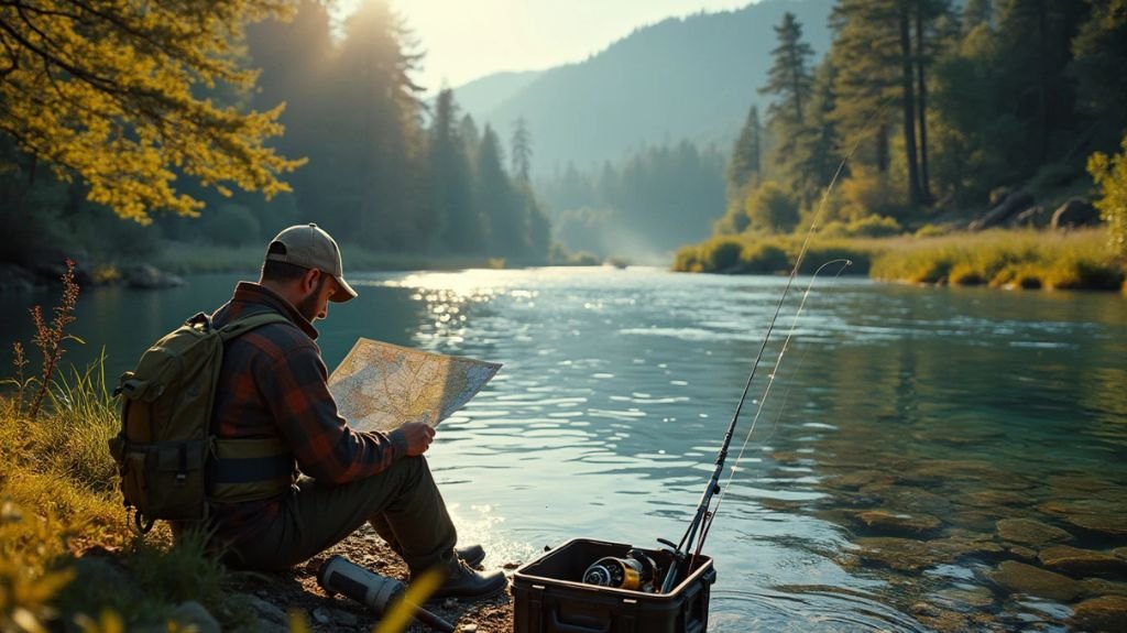 A serene river bend surrounded by lush forests, with gentle ripples reflecting sunlight, a fisherman studying a detailed map on the bank, tackle box nearby, showcasing rods and reels, evoking tranquil anticipation