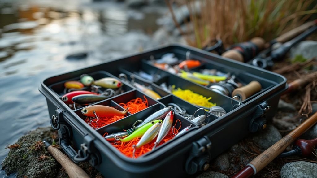 A well-organized tackle box with colorful lures, reels, and spools of line, surrounded by steelhead fishing gear, including rods and a fishing net. Soft riverbank lighting with reflective water in the background.