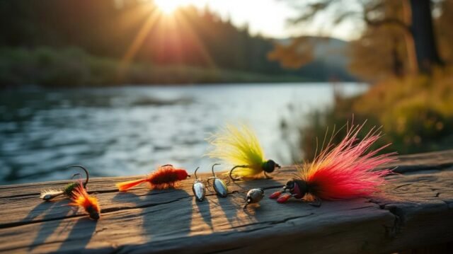 A serene river scene at dawn, featuring a variety of colorful steelhead fishing baits like bright spinners, vibrant flies, and realistic lures displayed on a rustic wooden table overlooking gentle ripples in the water.