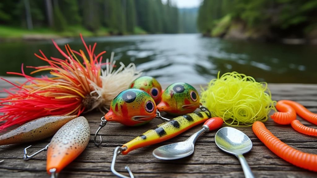 A vibrant display of various steelhead fishing baits: bright colored spinners, realistic egg clusters, vibrant worms, and shiny spoons arranged on a rustic wooden table, surrounded by a serene river backdrop