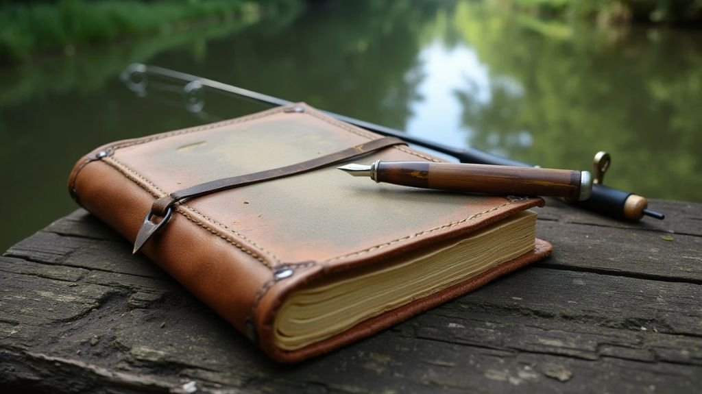 A serene fishing scene with an open leather journal, weathered pen resting beside it, alongside a catch of vibrant steelhead fish, lush greenery reflected in calm water, and a rising sun illuminating the moment