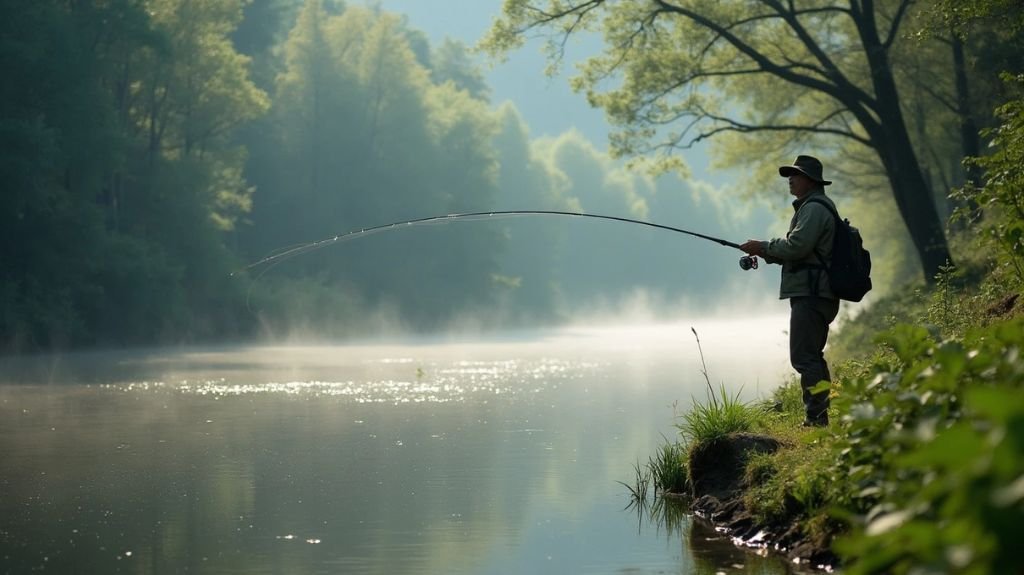 A serene river scene at dawn, a fisherman casting a line with precision, surrounded by lush greenery, shimmering water, and mist rising. Steelhead leaping in the background, highlighting the art of fishing technique