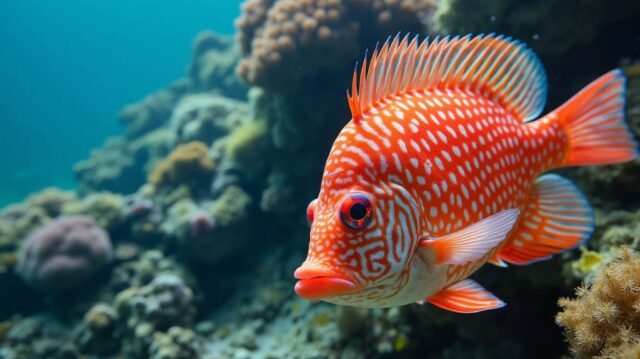 A vibrant underwater scene featuring a master angler with a colorful red snapper, surrounded by coral reefs and schools of fish in pristine deep blue waters, showcasing fishing gear and a serene ocean backdrop.