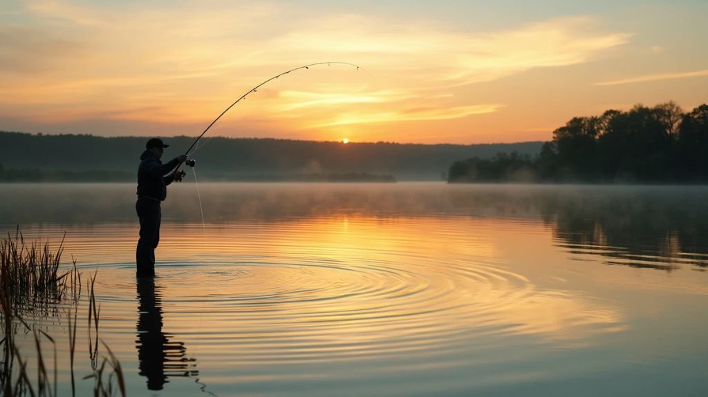 A serene lake at dawn, a fisherman casting a vibrant fly line, ripples on the water. Focus on varied retrieval techniques: slow, fast, and jerky motions, with a pike emerging from the depths. 