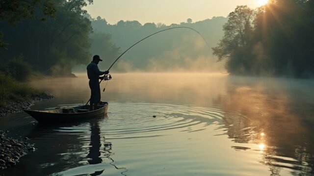 A serene river scene at dawn, with a fisherman casting lines baited with vibrant salmon eggs, surrounded by lush greenery and mist rising off the water, capturing the essence of a peaceful fishing expedition