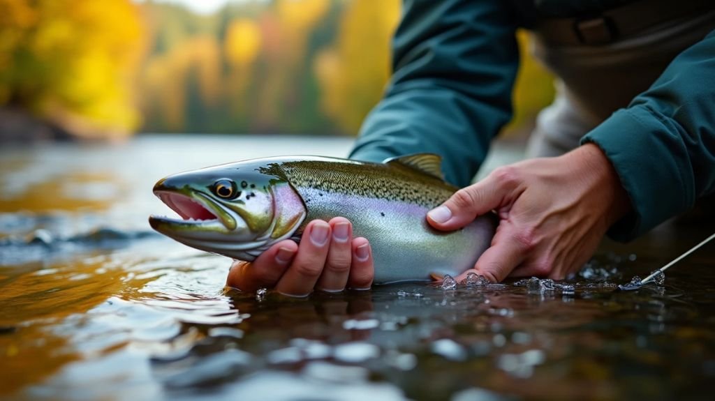 A serene riverside scene showcasing an angler gently cradling a shimmering steelhead, while using a soft grip. Water droplets glisten in the sunlight, and a vibrant backdrop of lush trees completes the tranquil atmosphere