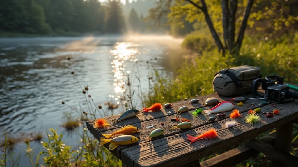 A serene river scene at dawn, showcasing various steelhead fishing baits displayed on a weathered wooden table, with fishing gear nearby, surrounded by lush greenery and soft mist rising from the water. 