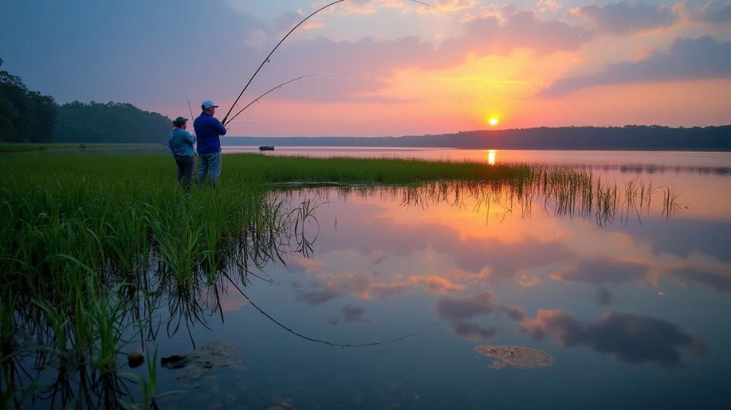 A serene Santee Cooper Lake at dawn, showcasing anglers casting lines, lush green banks reflecting in calm waters, and catfish jumping, highlighting seasonal patterns and ideal fishing times in vibrant colors