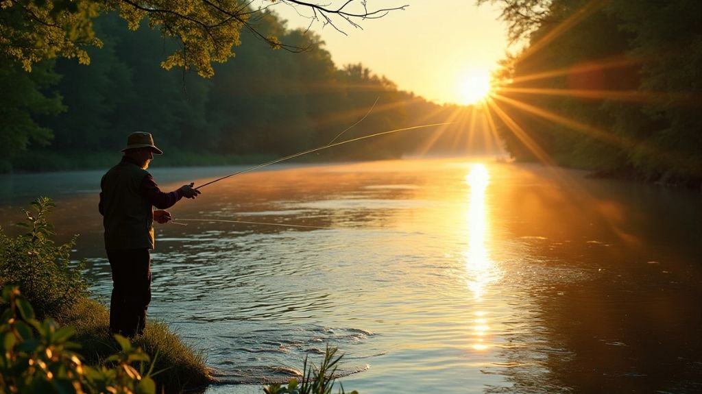 A serene riverbank at sunrise, a fly fisherman casting a line with a graceful swing, rippling water reflecting light, lush green foliage surrounding, and carp swimming beneath the surface, creating a sense of tranquility and skill