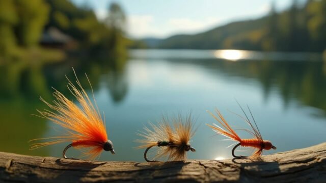 A serene lake scene with three vibrant fly fishing flies: a realistic Adams dry fly, a colorful Woolly Bugger, and a delicate Hare's Ear nymph, surrounded by lush greenery and shimmering water reflections