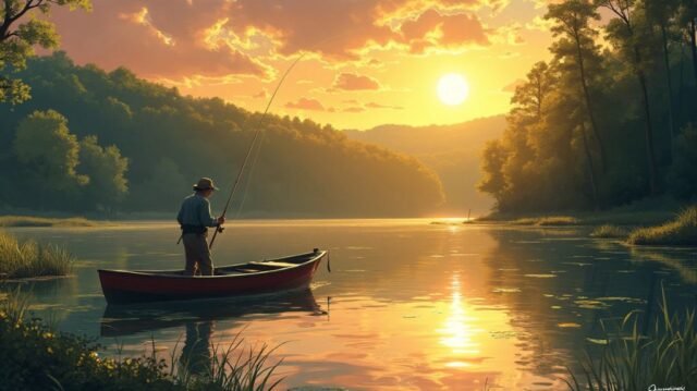 An expansive Santee Cooper lake at dawn, golden sunlight glistening on the water, a fisherman in a small boat casting a line, surrounded by lush greenery and silhouettes of catfish jumping nearby