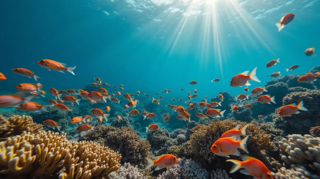 A dynamic underwater scene showcasing a skilled angler casting a line from a sleek boat, vibrant coral reefs below, a school of red snapper swimming nearby, with sunlight filtering through the water's surface