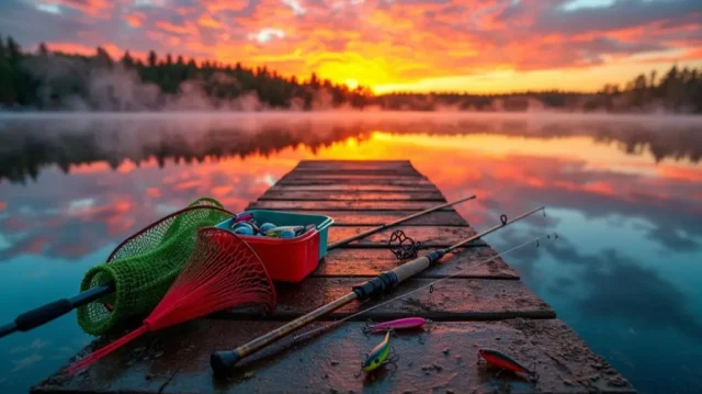 A well-worn wooden dock overlooking a tranquil lake at dawn, with a fishing rod, tackle box, net, and lures neatly arranged, ready for a day of pike fishing against a backdrop of misty, forested shoreline.