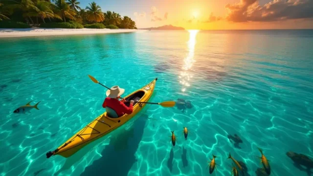 An aerial view of a kayaker fishing in the ocean, surrounded by clear blue water and a school of fish. The kayaker is reeling in a large fish, wearing a wide-brimmed hat and sunglasses. In the background, a distant shoreline with palm trees.