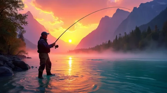 A person wearing durable, quick-drying fishing pants with multiple pockets, standing in a pristine river, casting a fishing line against a backdrop of a vibrant sunrise, mountains, and lush greenery.