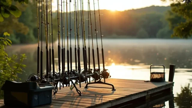 A dock at dawn, multiple trolling rods neatly organized on a rack, glinting in the morning light, a serene lake in the background, lush greenery surrounding the dock, a tackle box and fishing net nearby, all bathed in a soft golden glow.