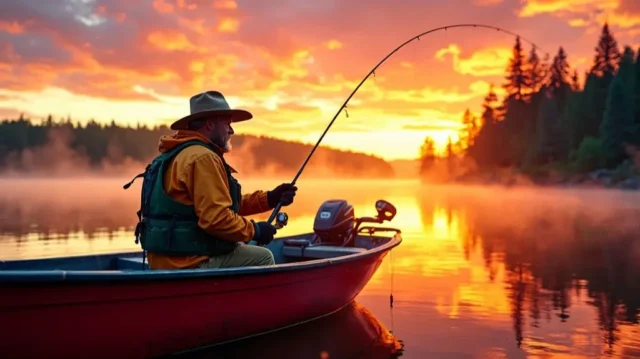 A rugged fisherman in a bass boat, wearing waterproof jacket, fingerless gloves, and a wide-brimmed hat, casting a line against a misty sunrise over a tranquil lake, surrounded by dense forest.