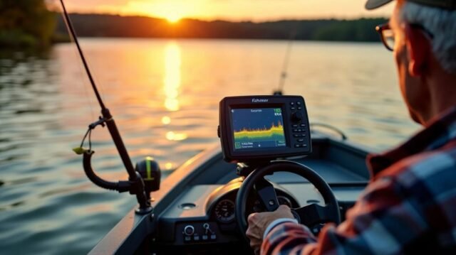 A serene lake scene with a small fishing boat, a low-cost fish finder device on the dashboard, and a fish swimming underwater with sonar waves surrounding it, set against a warm sunset backdrop.