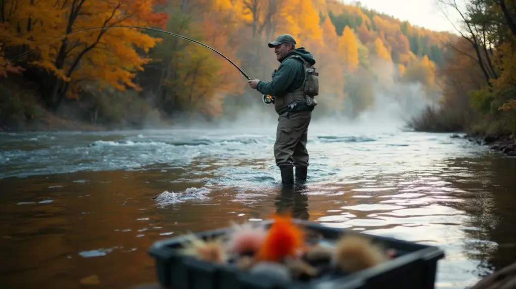 A serene river scene in autumn, featuring a fly fisherman casting a line, with vibrant foliage on the banks, mist rising from the water, and a selection of seasonal steelhead flies displayed on a nearby tackle box. 