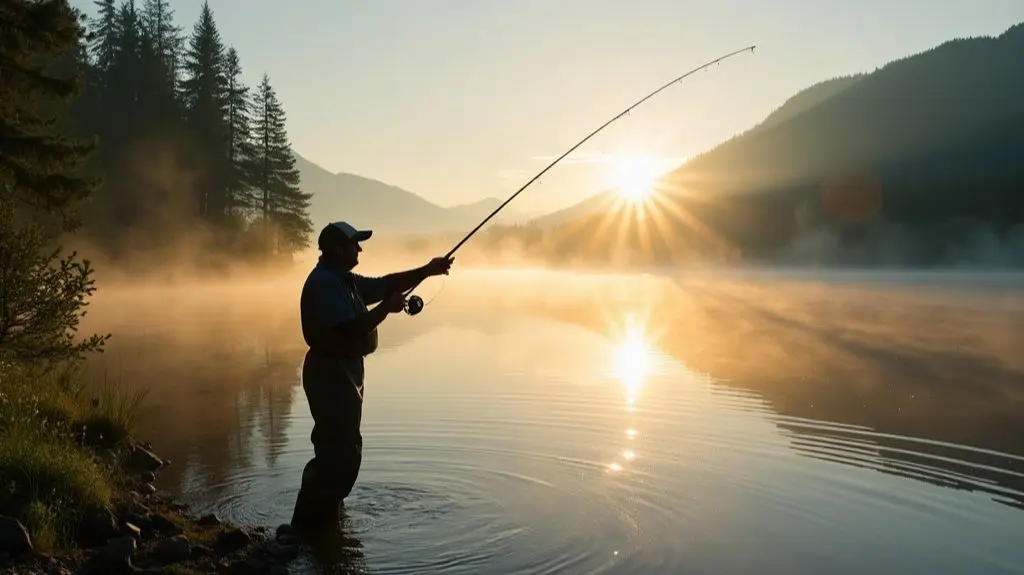 A serene lake at dawn, a fisherman in waders casting a fly rod, a northern pike leaping from the water, droplets glistening in the rising sun, mist hovering over the shoreline, evergreen trees reflected on the calm surface