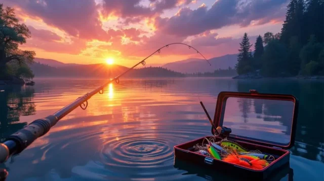 A serene lake at dawn, a fishing rod casting a line, bass leaping from the water, a tackle box with assorted lures, a bobber floating on the surface, and a picturesque sunrise in the background, all in photorealistic detail