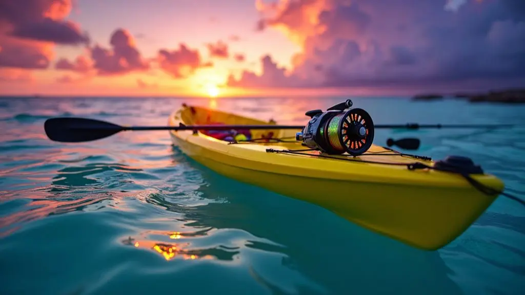 A kayak in tranquil ocean waters at dawn, fishing rod extending out, a close-up on the baited hook with a shimmering lure, surrounded by meticulously organized tackle box with various lures and baits, all glistening under the rising sun.