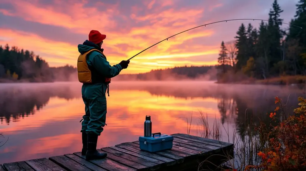 A serene lakeside scene at dawn, featuring a pike fisherman wearing insulated waders, a warm hat, gloves, and a life vest, casting his line, with a tackle box and thermos nearby on the shore.