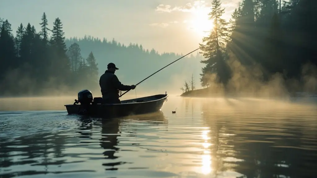 A serene Canadian lake at dawn, a fisherman in a boat casting a line, water rippling with the promise of large pike beneath, evergreen trees lining the shore, mist rising in the cool morning air.