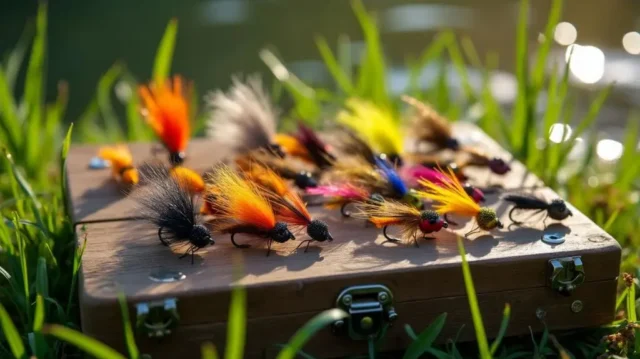 A vibrant assortment of essential carp fly fishing flies, featuring bold colors and intricate patterns, displayed on a rustic wooden tackle box surrounded by lush green grass and shimmering water in the background