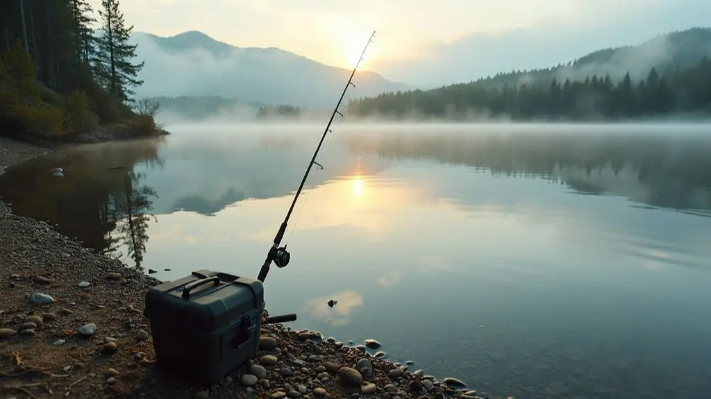 A serene Canadian lakeshore at dawn, a fishing rod and tackle box in the foreground, mist rising from the water, and a large northern pike leaping out of the lake in the background.