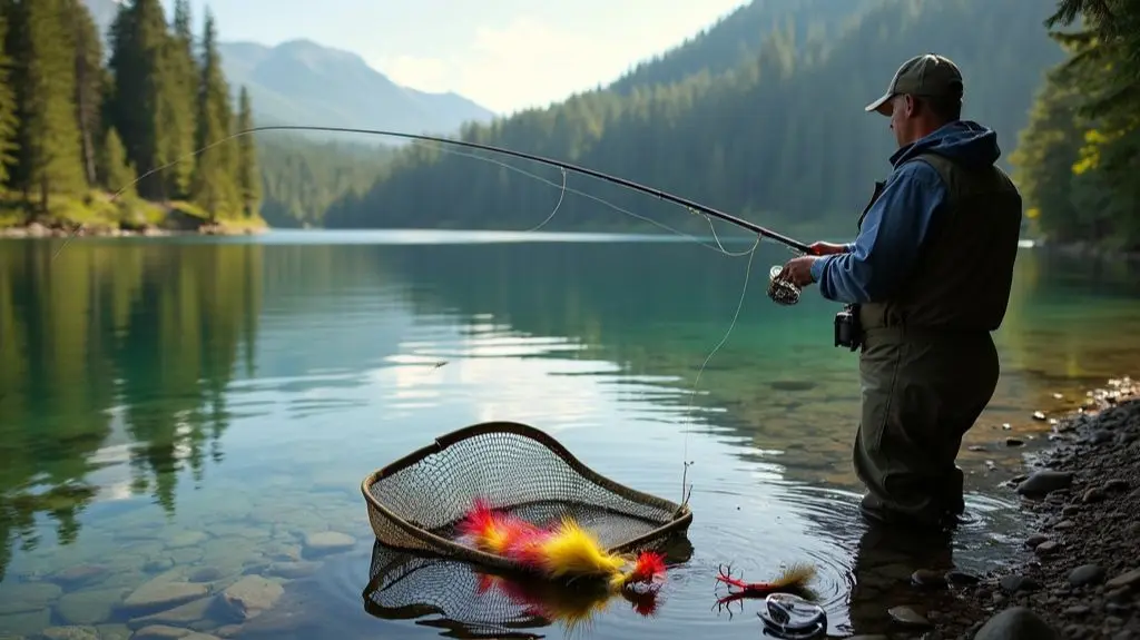 an image depicting a fishing scene with a fisherman in waders casting a fly rod in a pristine lake surrounded by dense forests, with a selection of colorful pike flies, a landing net, and pliers on the shore